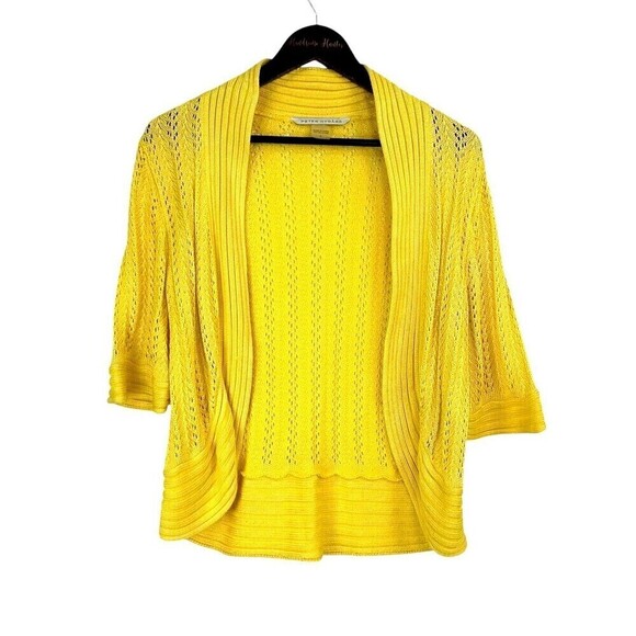 Peter Nygard Women Sz L Yellow Open Front Cropped Sweater Cardigan Open Knit U1 - Picture 1 of 10